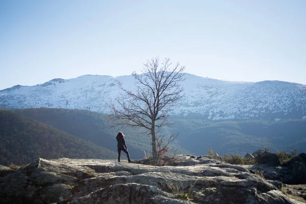 young woman practicing hiking in the Sierra of Guadarrama National Park, Segovia and Madrid. Solitary tree and Pealara peak