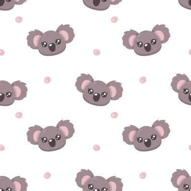 Sevimli karakter koala suratlı kusursuz bir desen. Çocuklar için şirin bir vektör çizimi - koala. Kumaş, tekstil ve hediye paketi için ideal baskı.