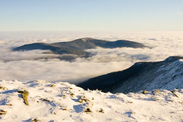 Landschaft Winter Hügel Szene mit Nebel. — Stockfoto