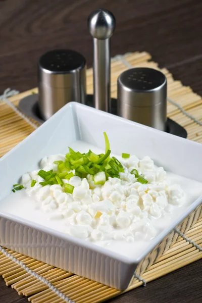 Bowl with fresh cottage cheese and chives — Stock Photo, Image