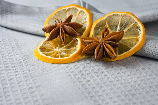 Cinnamon sticks, anise stars and sliced of dried citrus — Stock Photo, Image