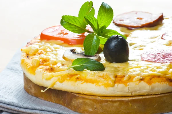 サラミ、モッツァレラチーズ、マッシュルーム、オリーブ、トマトソースを使ったピザ — ストック写真