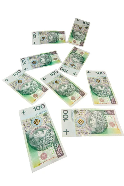 Beyaz arka plan üzerinde izole uçan Polonya Zlotisi banknotlar
