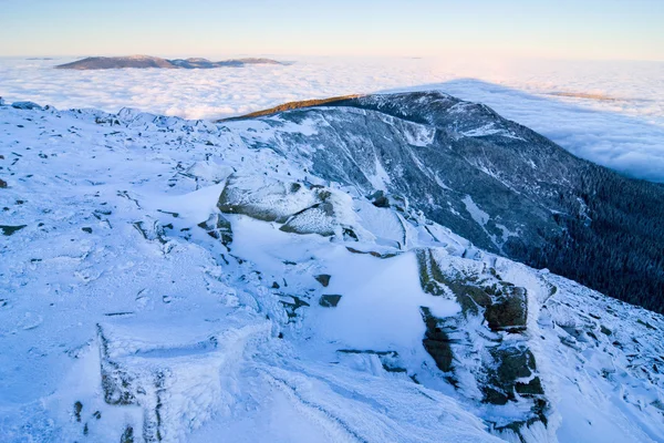 Landschaft Winter Hügel Szene mit Nebel. — Stockfoto