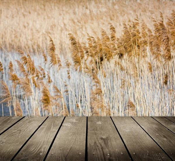 Reed and empty wooden deck table. — Stock Photo, Image