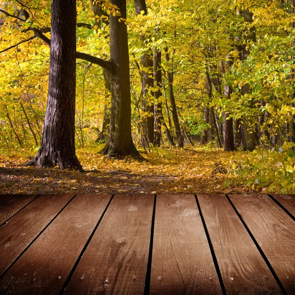 Empty wooden deck table in the park. Ready for product montage display. — Stock Photo, Image