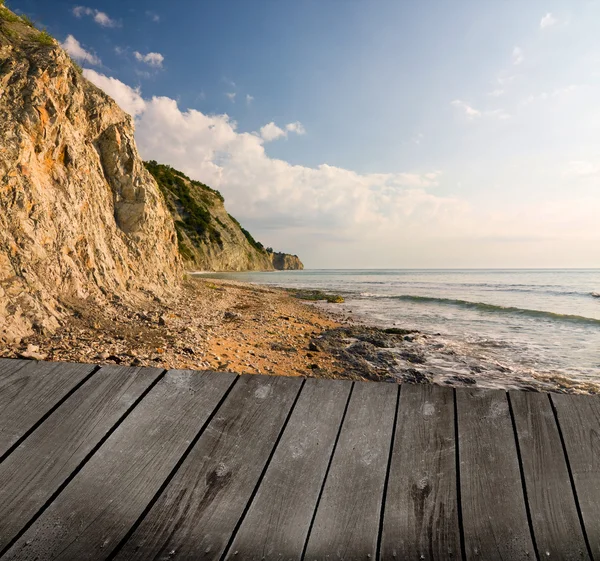 Sunrise and empty wooden deck table. Ready for product montage display. — Stock Photo, Image