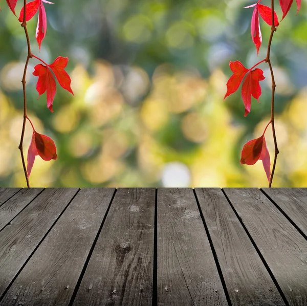 Tema de otoño y mesa de cubierta de madera vacía. Listo para pantalla de montaje de producto — Foto de Stock