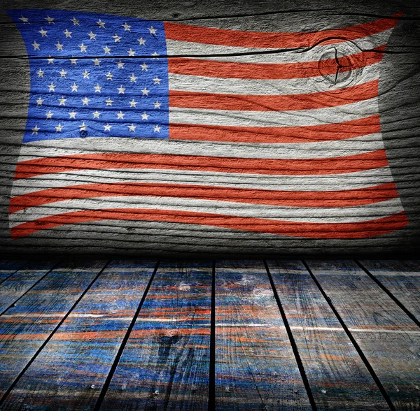 미국 국기 색상 제품 몽타주에 대 한 준비와 함께 빈 실내 공간 — 스톡 사진