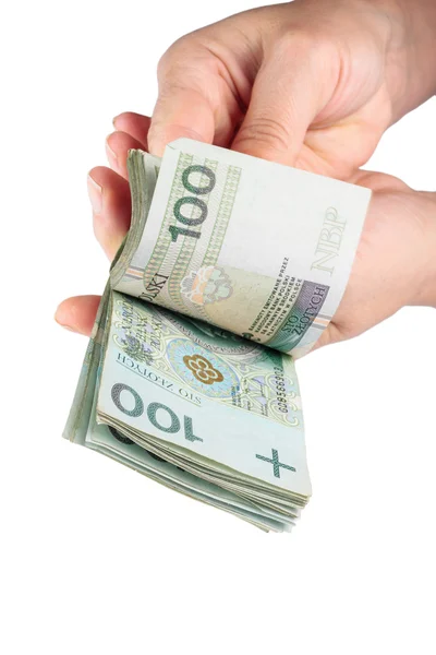 Hand met geld geïsoleerd op witte achtergrond — Stockfoto