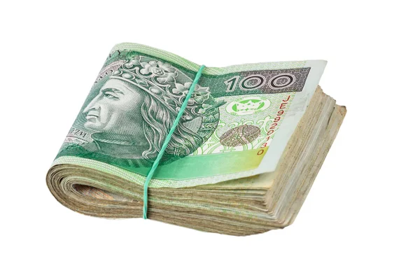 Roll van één undred Poolse zloty facturen gebonden in jute tekenreeks geïsoleerd op een witte achtergrond — Stockfoto