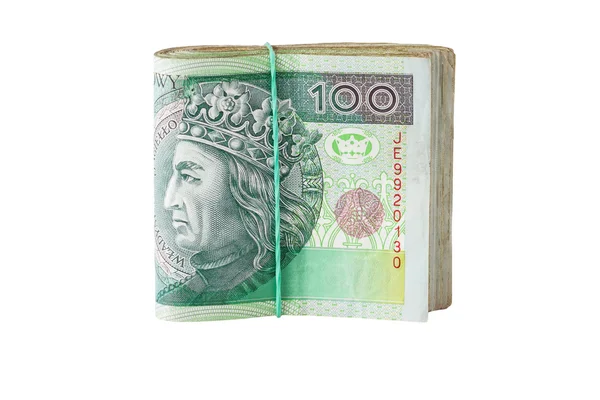 Rolo de cem notas de zloty polonês amarrado em corda de serapilheira isolado em um fundo branco — Fotografia de Stock