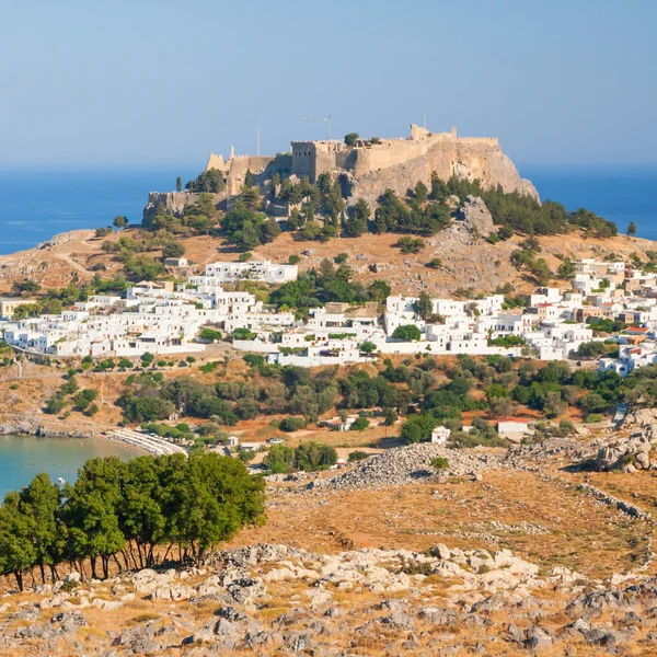 Lindos, castle above on the Greek Island of Rhodes — Stock Photo, Image