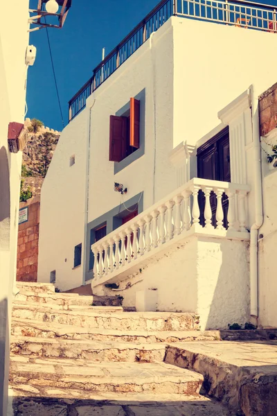 Vintage photo of narrow street in Lindos. Rhodes, Greece — Stock Photo, Image