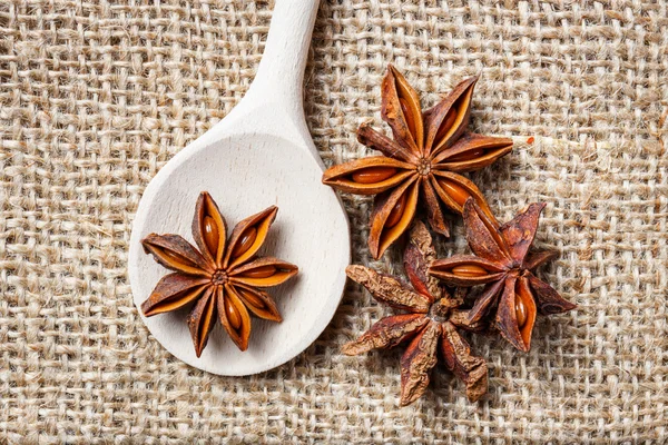Star anise, wooden spoon — Stock Photo, Image
