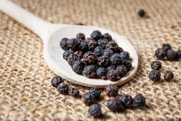 Black pepper on the wooden spoon Stock Image