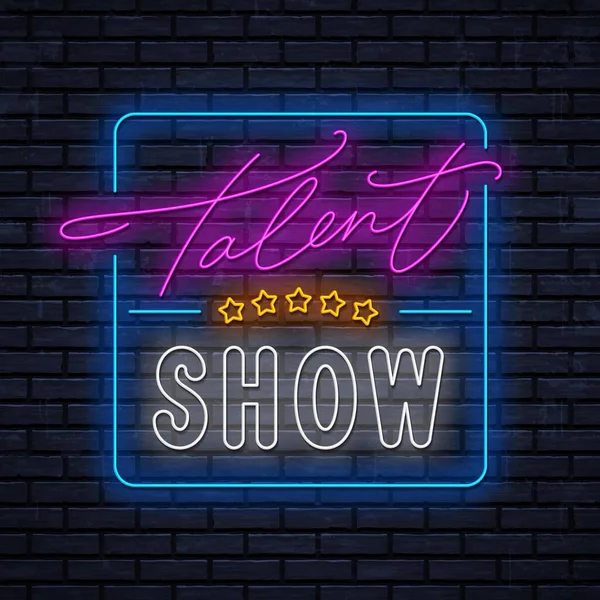 Talent Show Logotipo Néon Fundo Parede Tijolo Noite Modelo Placa — Vetor de Stock