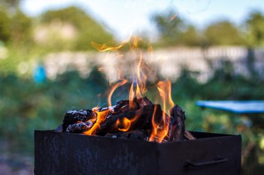 alevler içinde mangal odun yanan üzerinde ateş