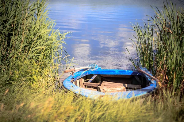 Old wooden rowboat on the shore of a river — Stock Photo, Image