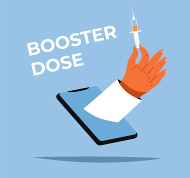 Bağışıklığı ya da COVID-19 aşısı artırıcı doz konseptini arttırmak için destek enjeksiyonu. Üçüncü aşılama aşısı. Online servisten aşı ve doktor eli olan Şırınga 'nın çizim vektörü.