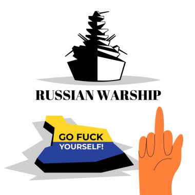 War in Ukraine! Russian warship fuck you! Vector illustration. Russian warship. The last response to the Russian warship from the defenders of the Serpent Island. Serpent Island.