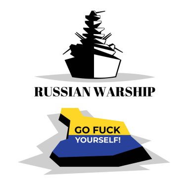 War in Ukraine! Russian warship fuck you! Vector illustration. Russian warship. The last response to the Russian warship from the defenders of the Serpent Island on a white background.