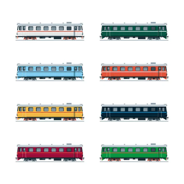 Железнодорожный вагон в восьми вариантах окраски. Вид сбоку. Векторная иллюстрация — стоковый вектор