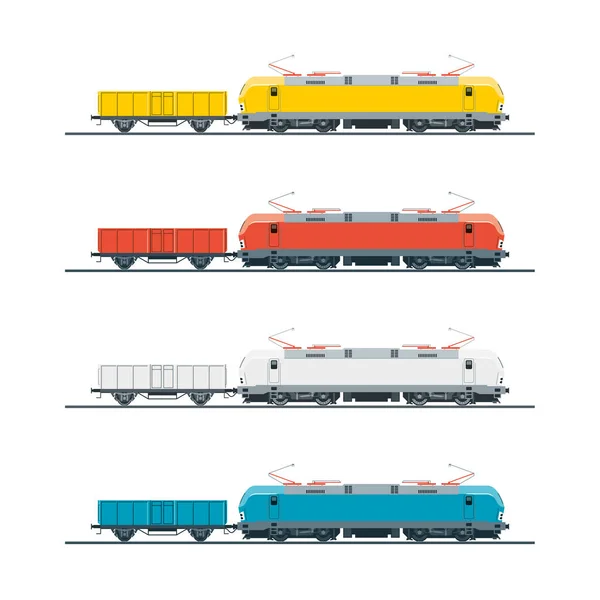 Modern electric locomotive and gondola car. Side view — Stock Vector