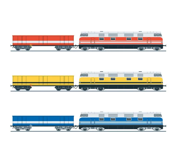 Locomotora diesel y coche góndola. Vista lateral. Ilustración vectorial plana — Archivo Imágenes Vectoriales