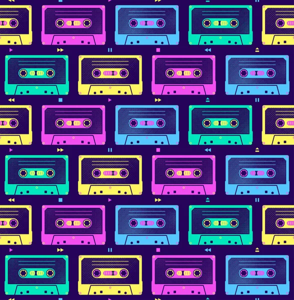 Cassettes audio. Modèle vectoriel sans couture dans le style des années 90 — Image vectorielle