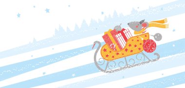 Fare kızakla tepeden aşağı koşuyor. Vektör illüstrasyonu