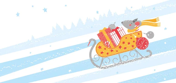 Fare kızakla tepeden aşağı koşuyor. Vektör illüstrasyonu