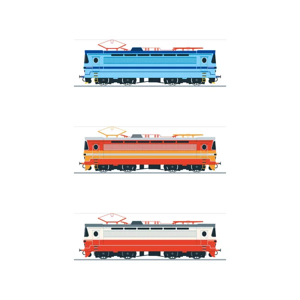 Locomotora eléctrica. Un conjunto de tres ilustraciones — Archivo Imágenes Vectoriales