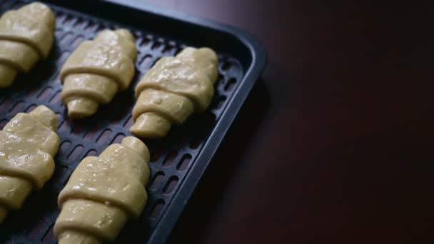 Zelfgemaakte Croissants Het Croissantdeeg Wordt Een Ovenpan Gelegd Het Oven — Stockvideo