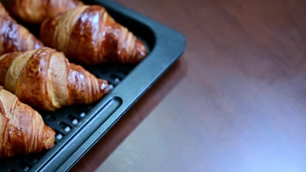 Croissant Caseiro Croissant Para Café Manhã Cozido Deliciosamente Forno Doméstico — Vídeo de Stock