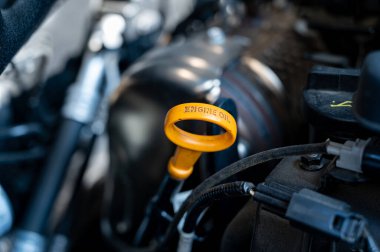 Sarı yağ çubuklu araç motoru.