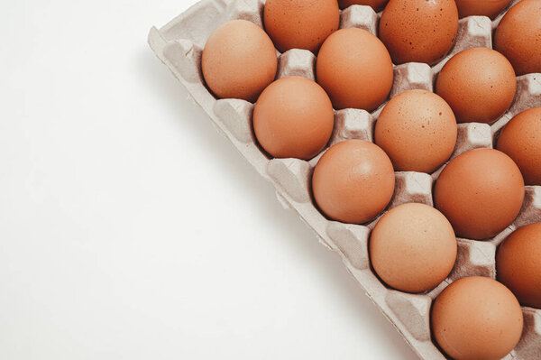 The white background with copy space and the eggs in the paper tray.