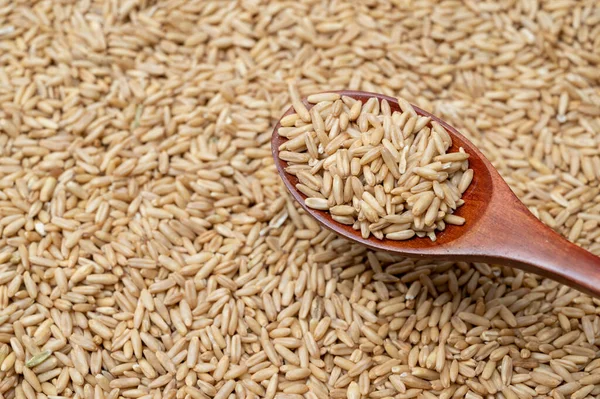Tahta kaşıkta bir yığın yulaf ve yulaf.