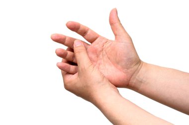Hands of men suffering from finger joint pain. Causes of rheumatoid arthritis, gout. Health care and medical concept.