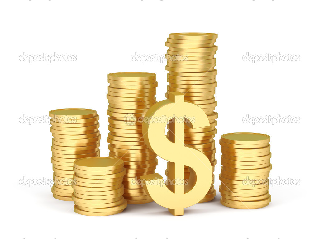 Stacks of gold coins on a white background.