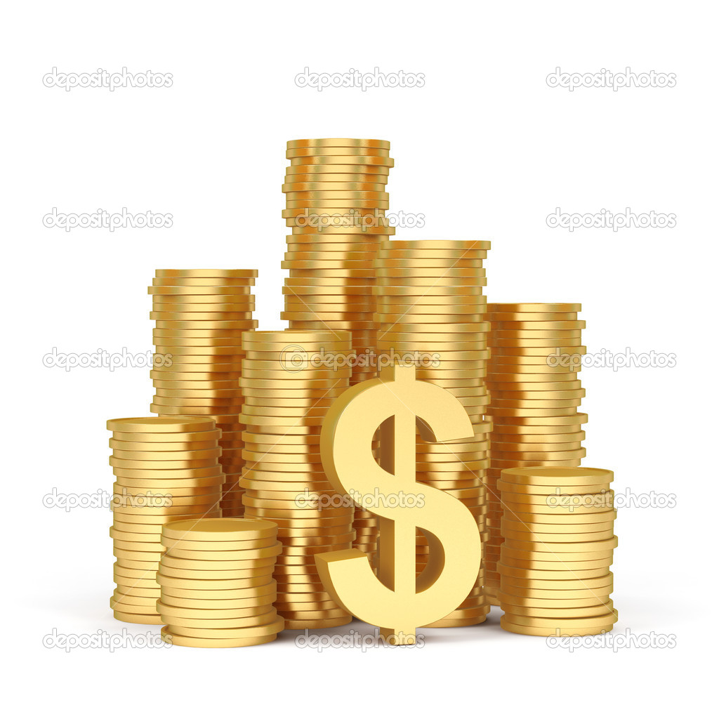 Stacks of gold coins on a white background.