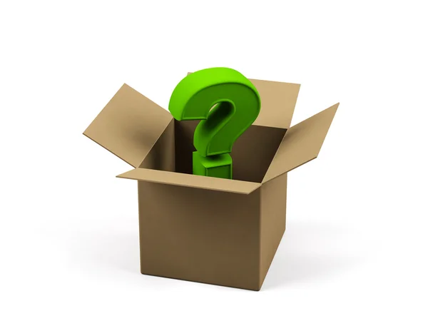 Cardboard box with question sign on a white background. — Stock Photo, Image