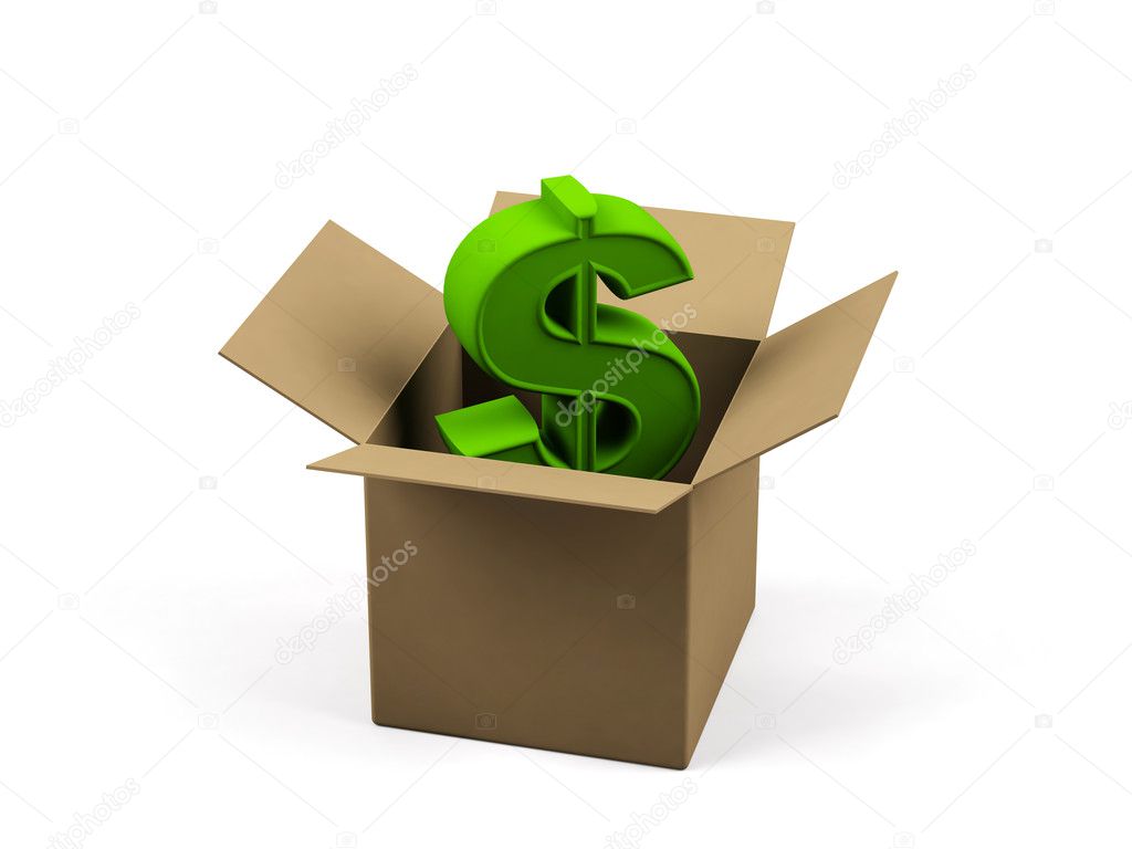 Cardboard box with dollar sign on a white background.