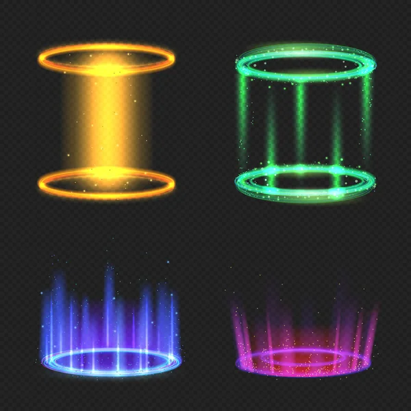 Σετ ρεαλιστικών πολύχρωμων μαγικών πυλών σε σκούρο φόντο. Απομονωμένη διανυσματική απεικόνιση — Διανυσματικό Αρχείο