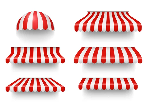 Realistic set of striped red and white awnings. Tents or textile roofs. Realistic vector illustration isolated on white. — Stock Vector