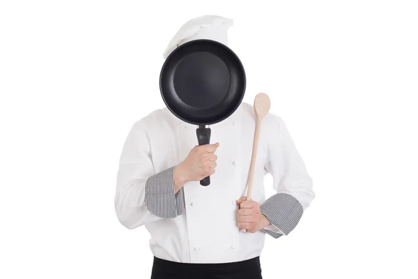 Chef-kok achter pan — Stockfoto