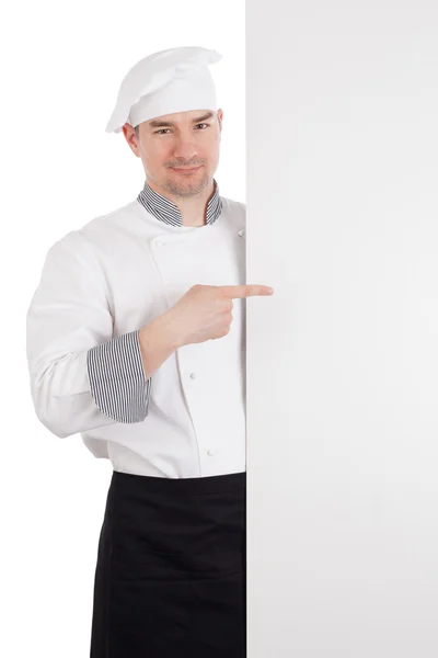 Chef com placa branca em branco — Fotografia de Stock