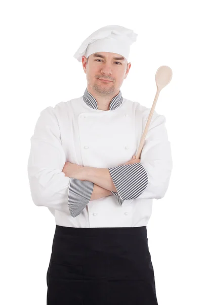Chef menyeberangi lengan memegang sendok kayu — Stok Foto