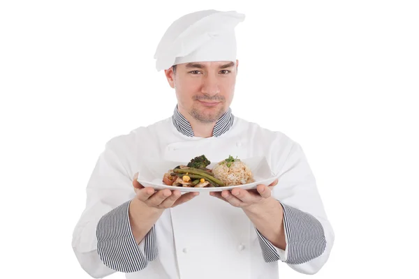 Chef showing and holding a plate of prepared food — Stock Photo, Image