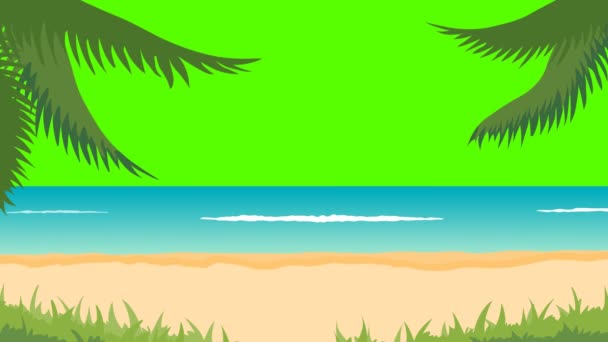 Animation tropischer Landschaft - Strand, Meer, Wellen, Palmen. Green Screen